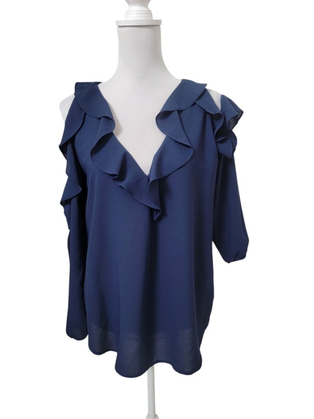 BB Dakota Size M Navy Blue Ruffled Cold Shoulder Long Sleeve Blouse